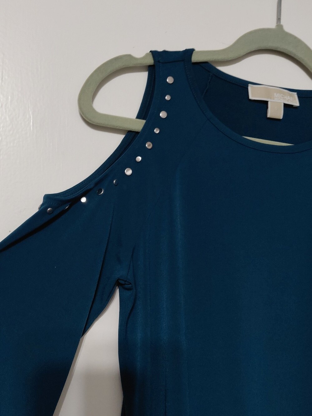 Michael Kors Size S Cold Shoulder Silver Studded Top Tunic Teal EUC